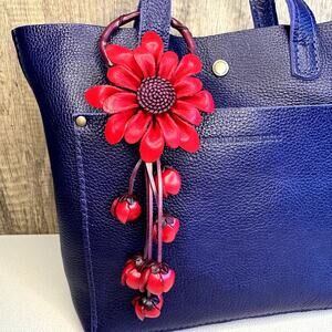 Leather Flower Purse Charm Genuine Leather Red Gerbera Daisy Bag Charm FAST SHIP
